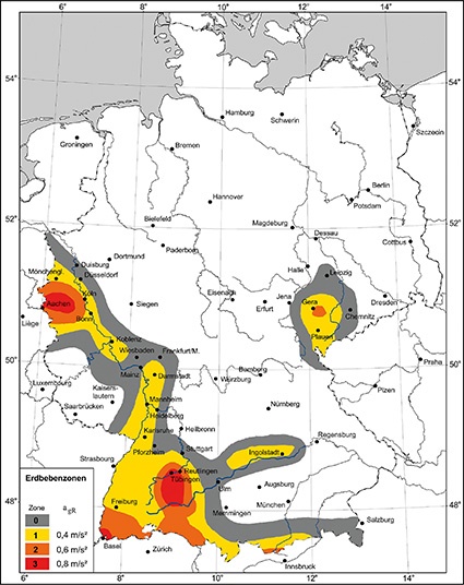Bisherige Karte der Erdbebenzonen in Deutschland mit Referenzbeschleunigung ©...