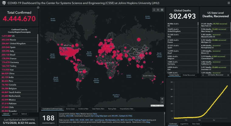 Covid-19 Dashboard der Johns Hopkins University (JHU) © Geocom Informatik