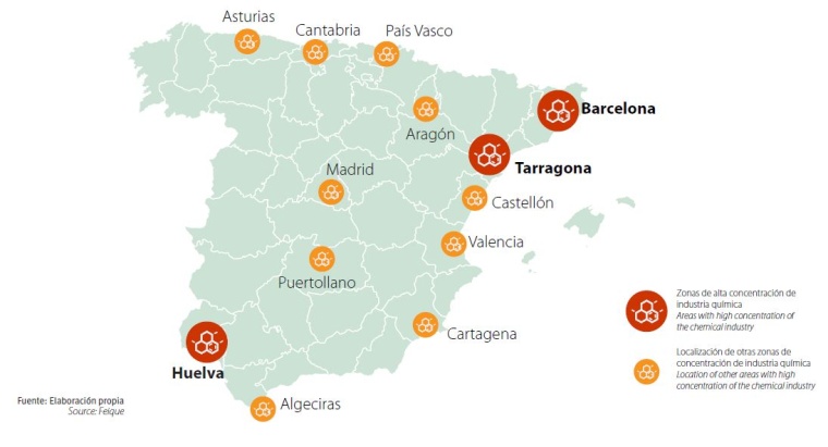 Main production regions of the Spanish chemical sector. © FEIQUE, ICEX