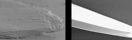 Fig. 1: SEM picture view: natural mica (left – layered structure, thickness...