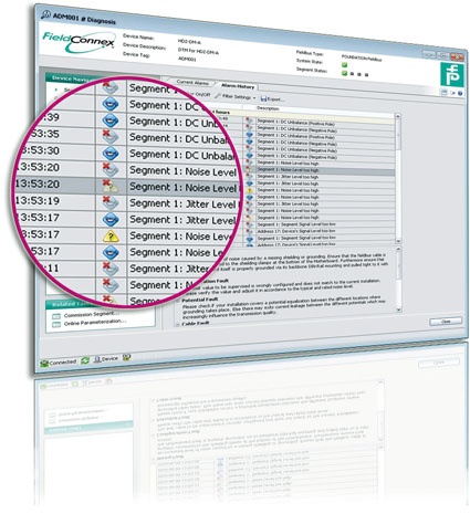 Physical layer diagnostic display: Messages with time stamps and clear-text...
