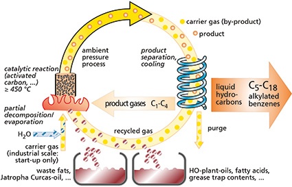 Fig.: Greasoline process scheme — main fuel products: bio jet fuel, bio-based...