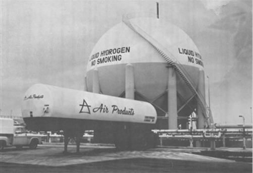 An Air Products tanker services the liquid hydrogen storage system at NASA’s...