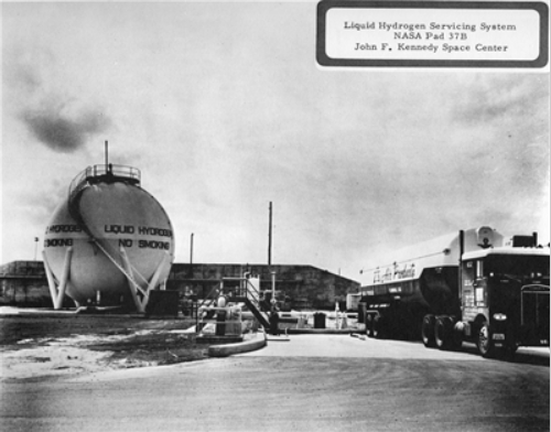 An Air Products tanker truck operates at the liquid hydrogen serving system at...