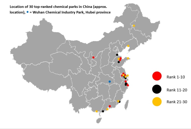 Location of 30 top-ranked chemical parks in China 