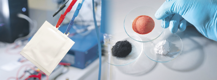 Links: Polymerbatterie-Pouchzelle. Rechts: Bestandteile einer polymerbasierten...