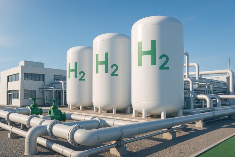 Modern green hydrogen power plant under clear sky
