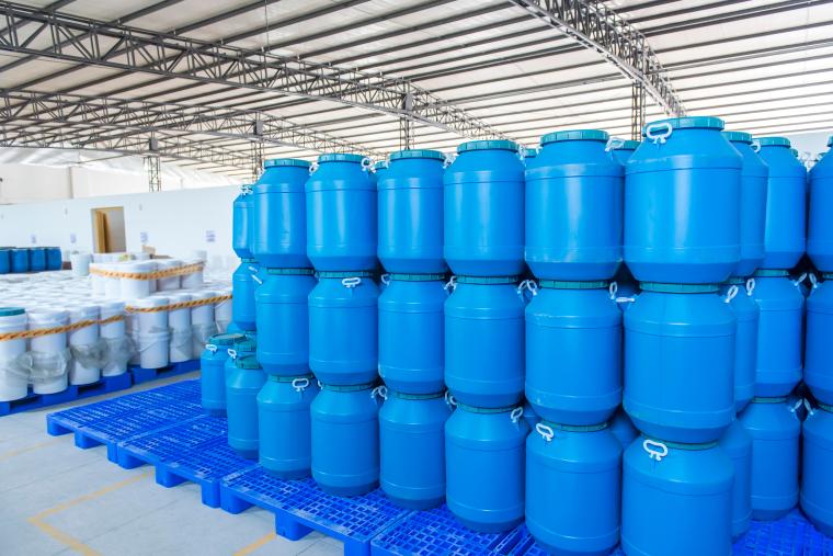 Blue Plastic barrels contain in factory