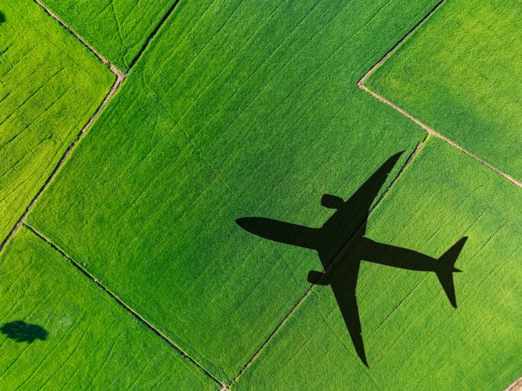 Shadow airplane flying above green field.