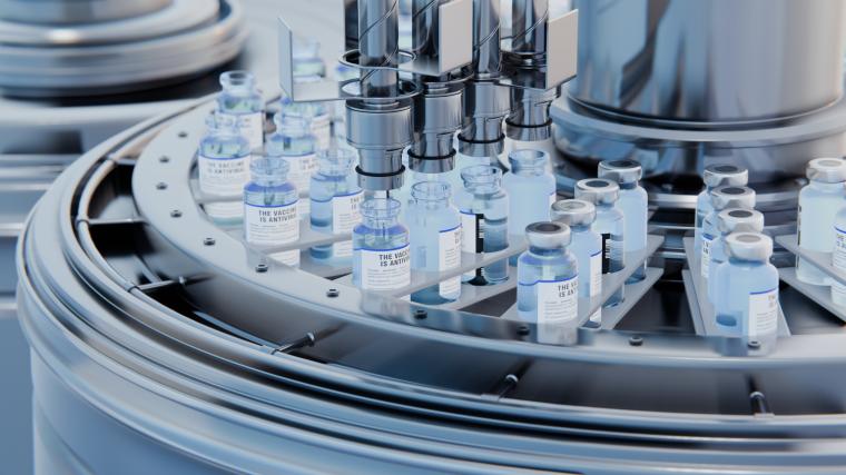 Drug manufacturing process. Line with medical ampoules line at a modern...